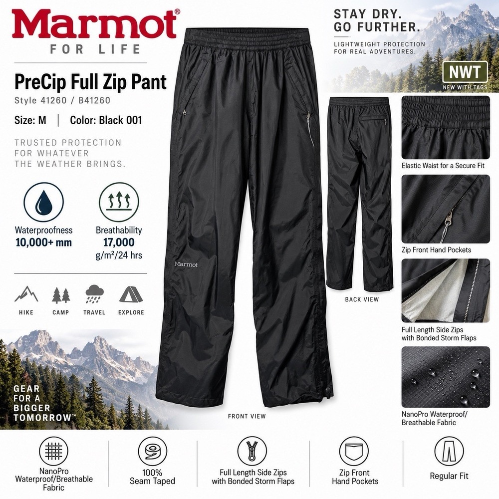 Marmot PreCip Full Zip Rain Pants Men's Medium M Black Waterproof NanoPro NWT